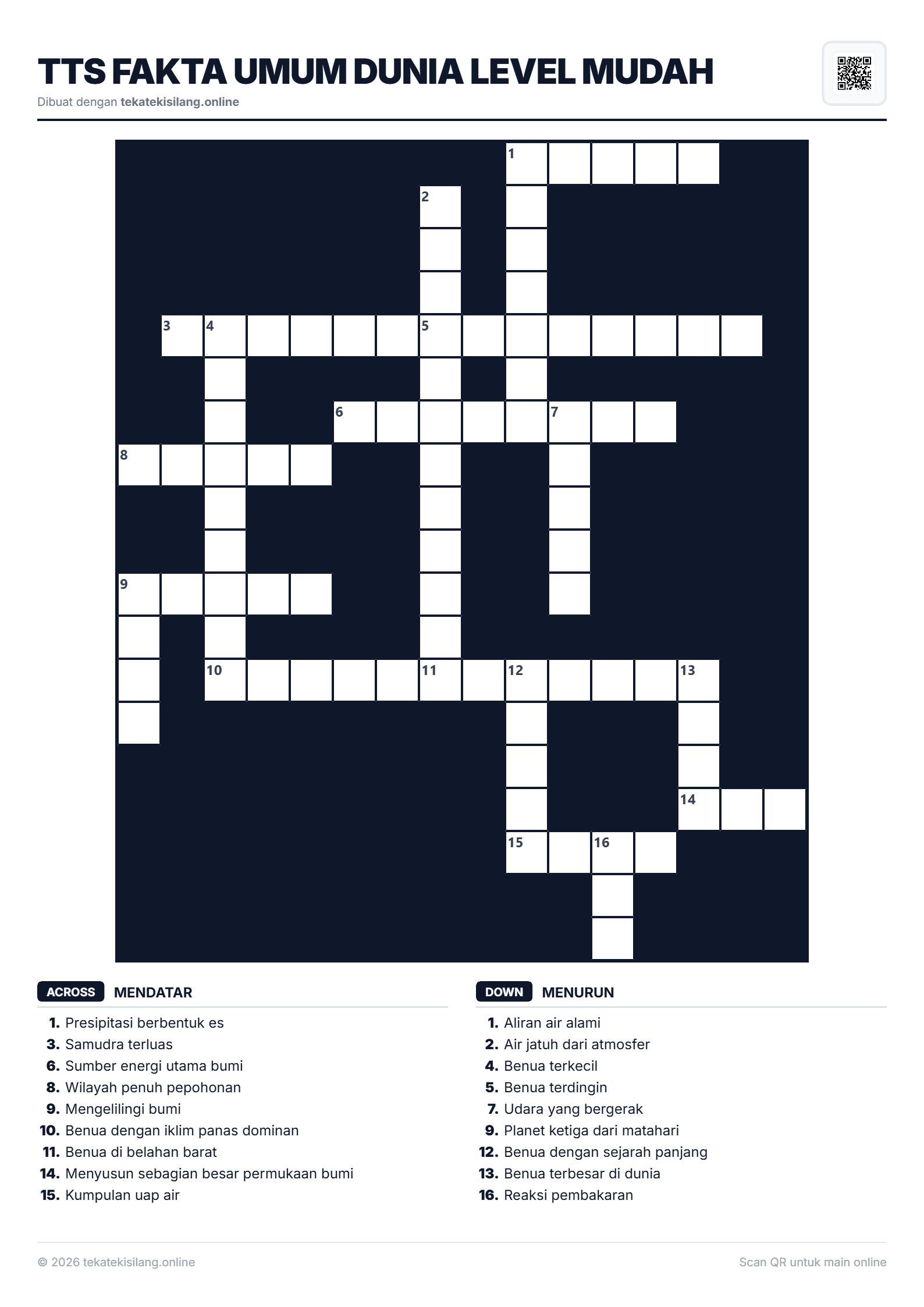 Teka Teki Silang TTS Fakta Umum Dunia Level Mudah