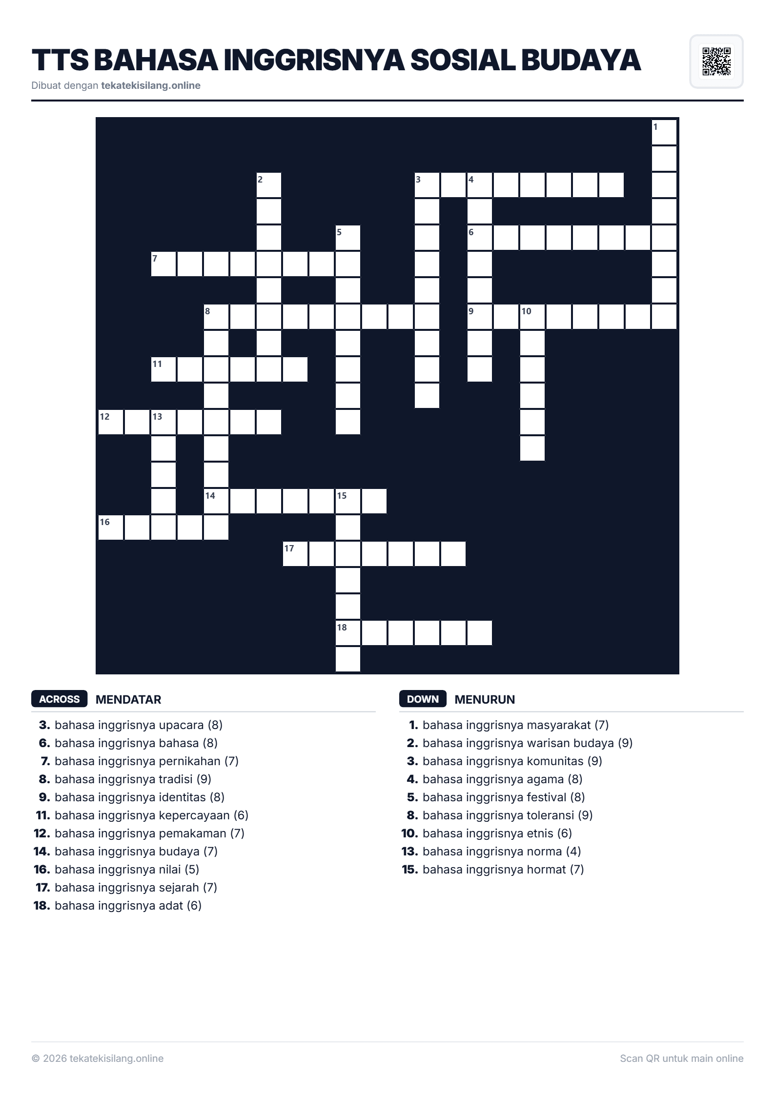 Teka Teki Silang TTS Bahasa Inggrisnya Sosial Budaya