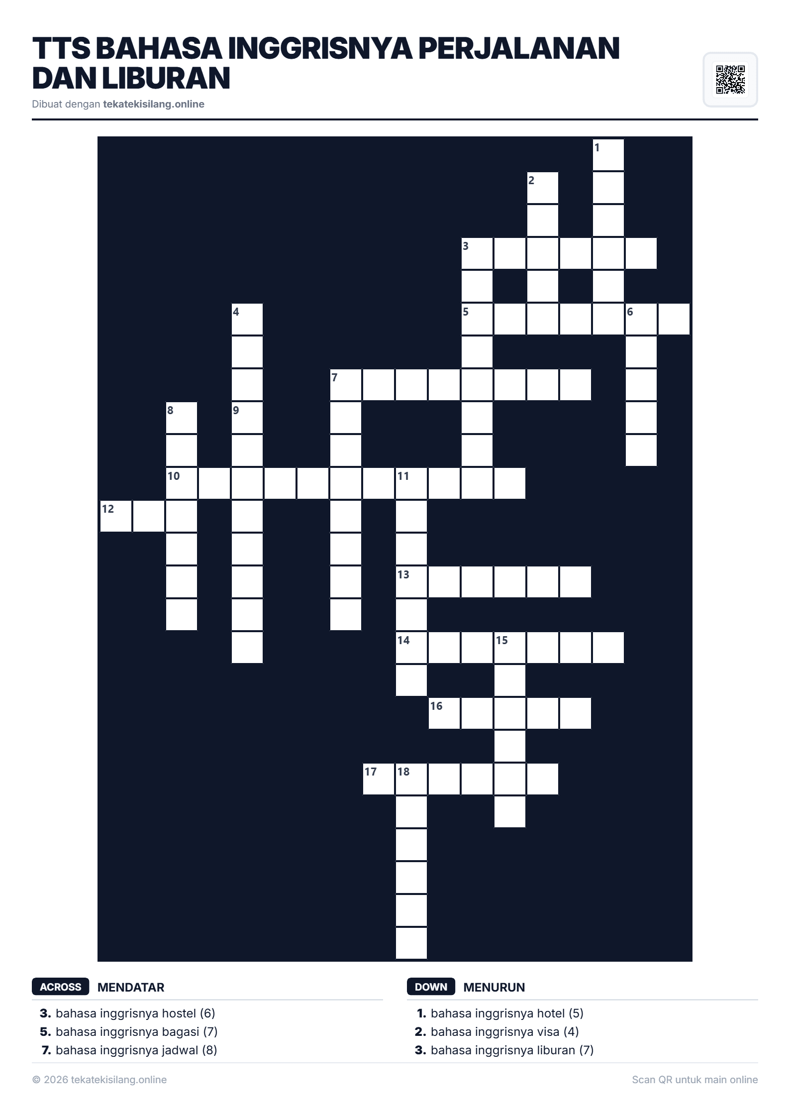 Teka Teki Silang TTS Bahasa Inggrisnya Perjalanan dan Liburan