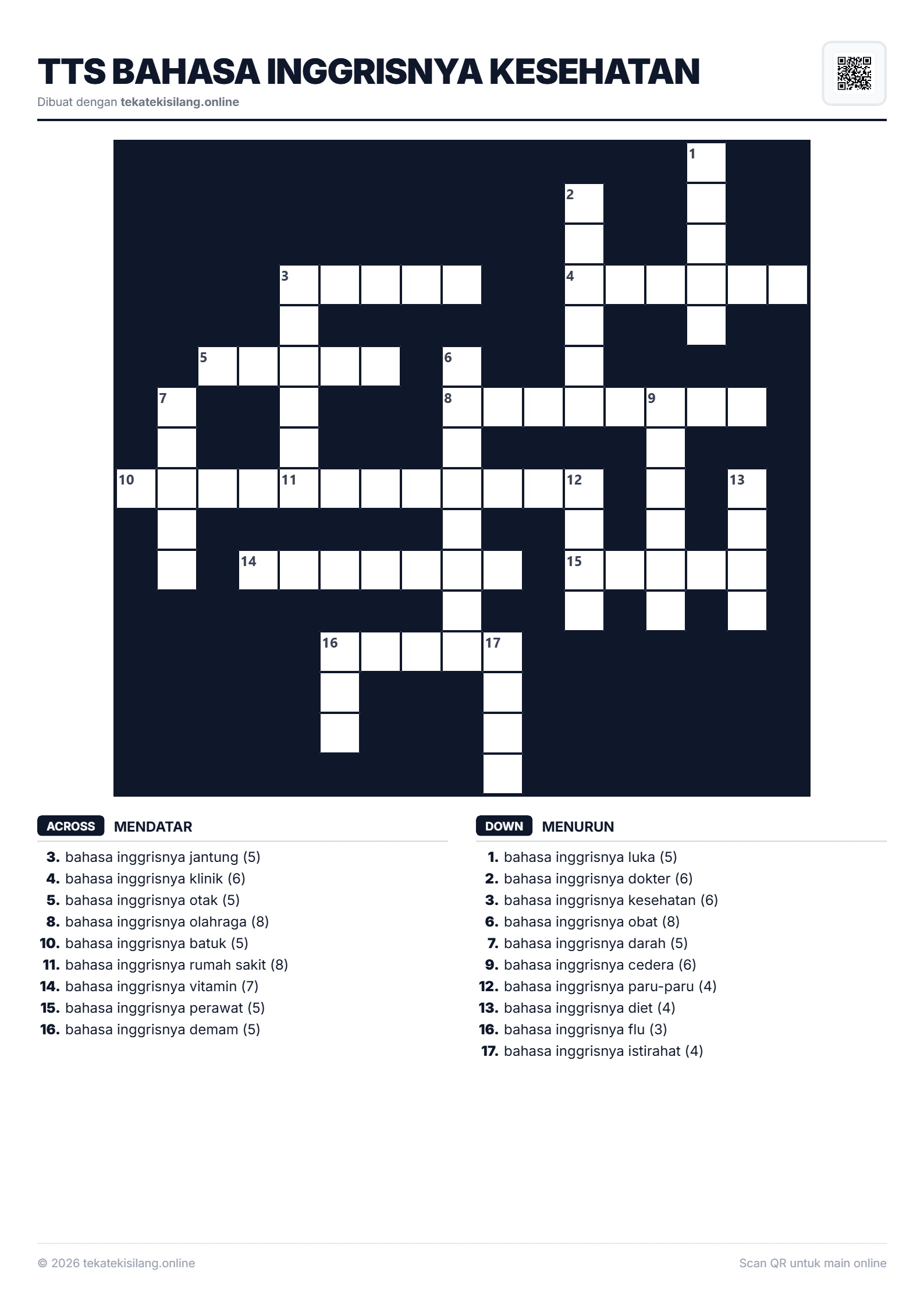 Teka Teki Silang TTS Bahasa Inggrisnya Kesehatan