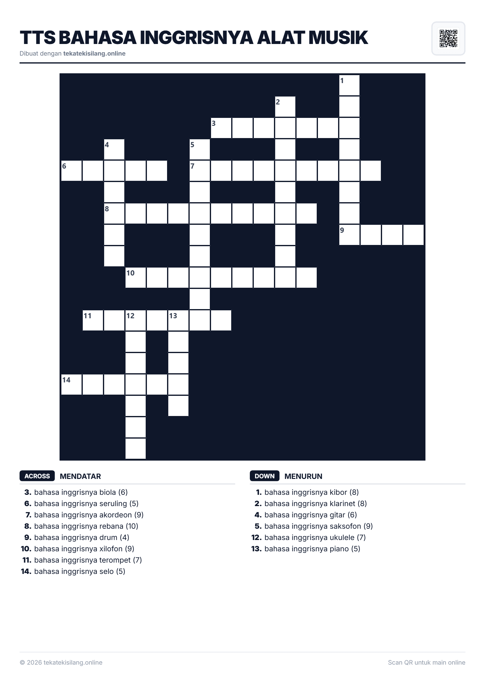 Teka Teki Silang TTS Bahasa Inggrisnya Alat Musik