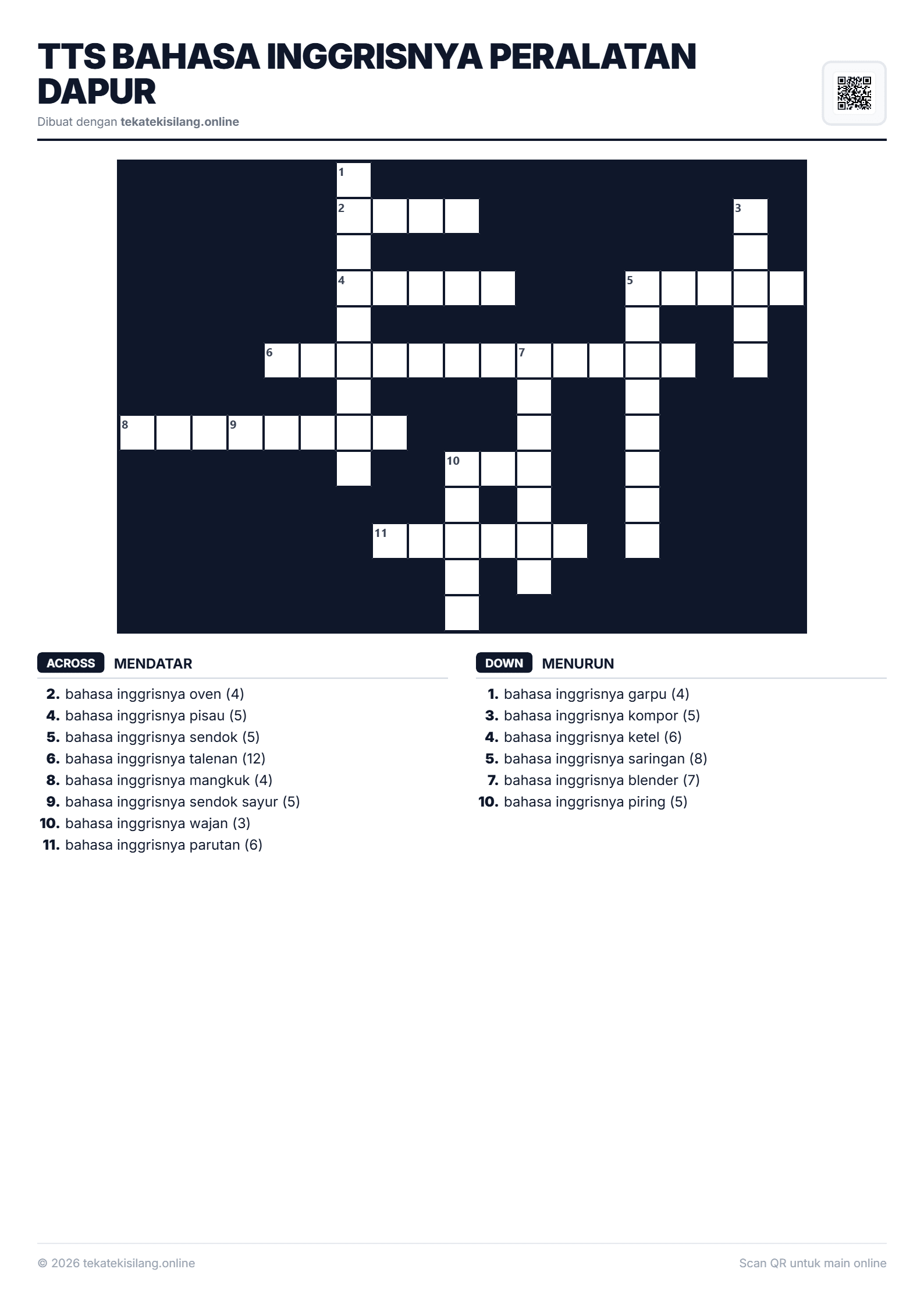 Teka Teki Silang TTS Bahasa Inggrisnya Peralatan Dapur