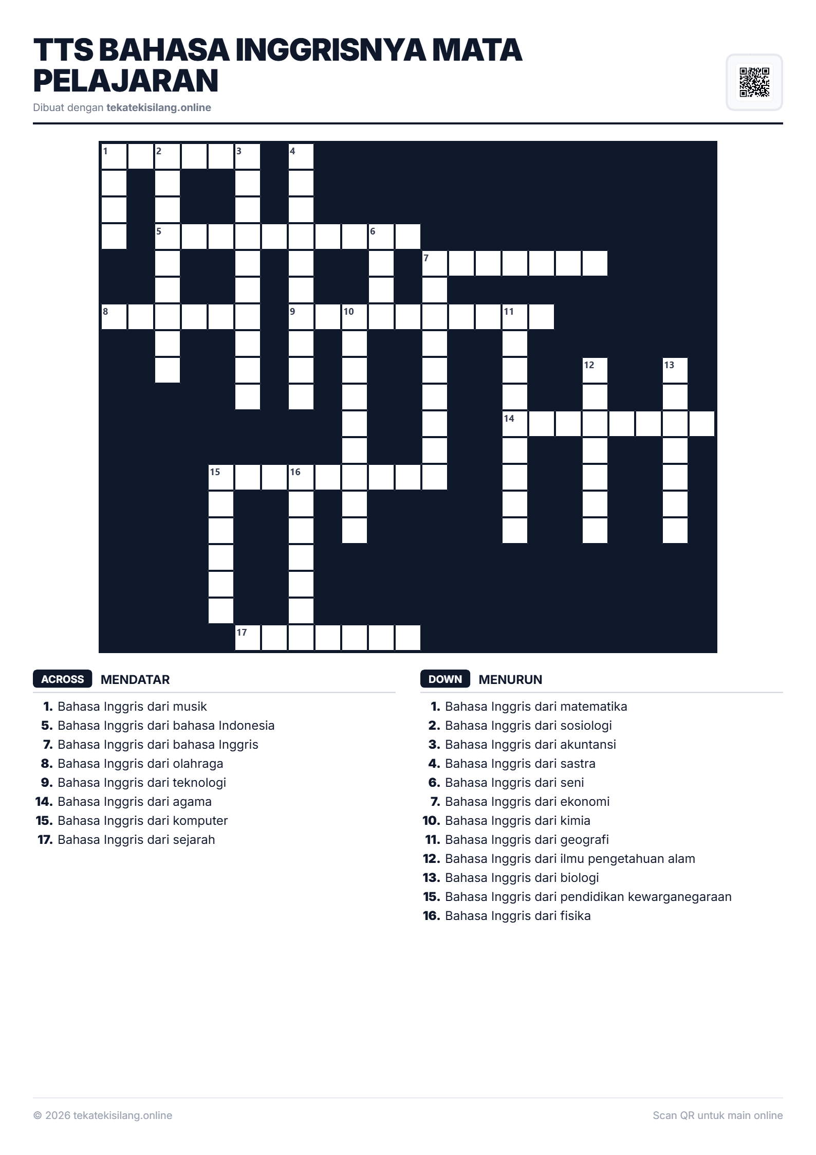 Teka Teki Silang TTS Bahasa Inggrisnya mata pelajaran