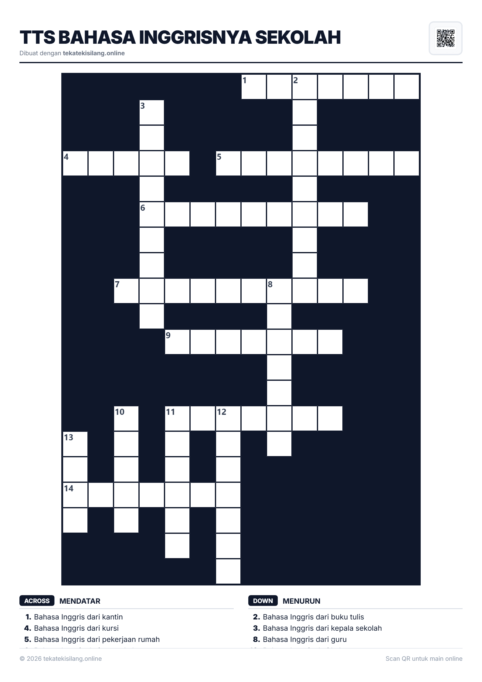 Teka Teki Silang TTS Bahasa Inggrisnya Sekolah
