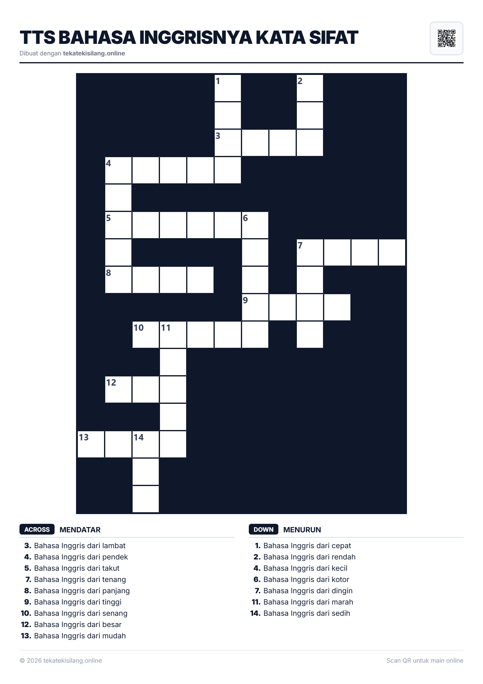 Teka Teki Silang TTS Bahasa Inggrisnya Kata Sifat