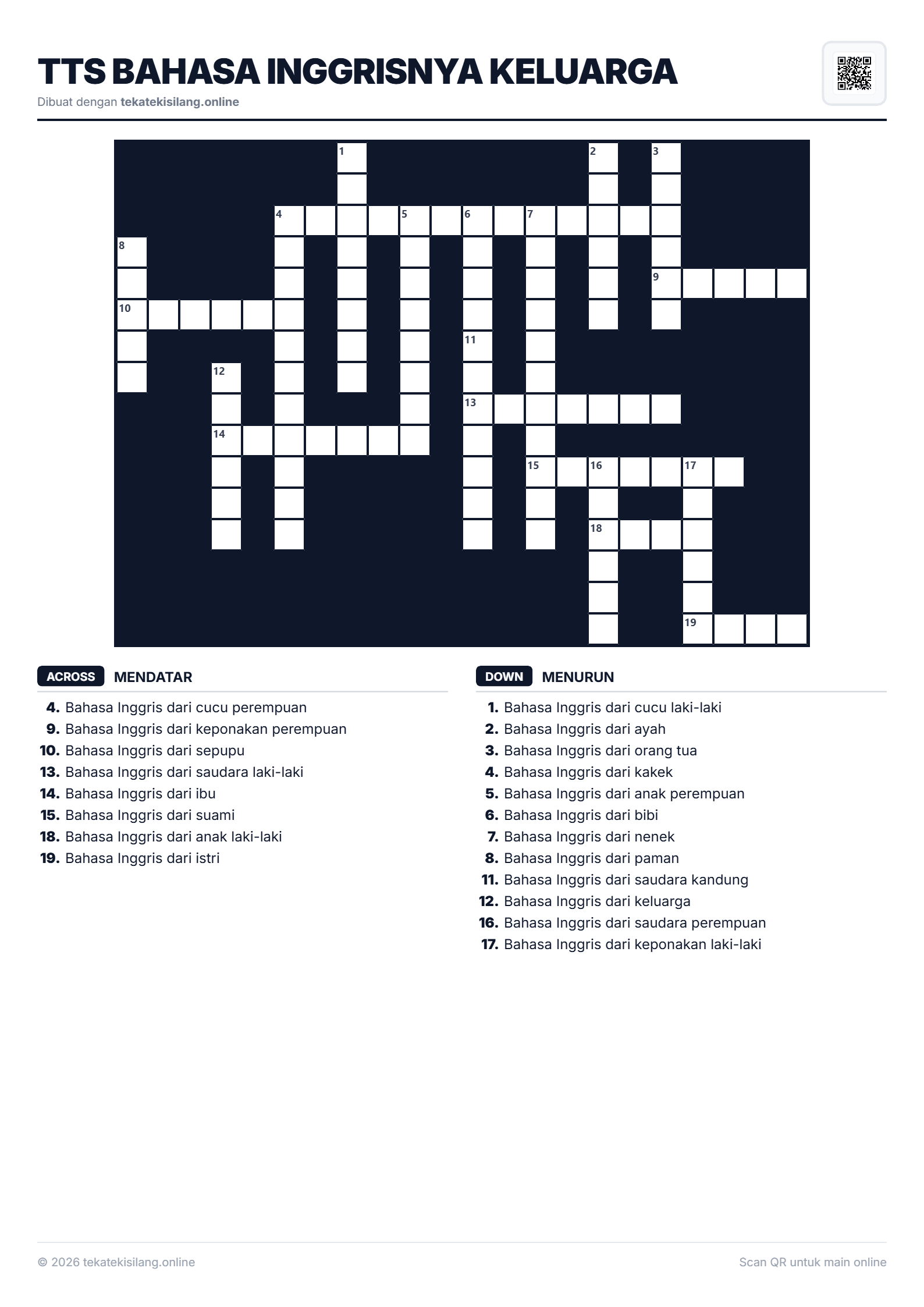 Teka Teki Silang TTS Bahasa Inggrisnya Keluarga