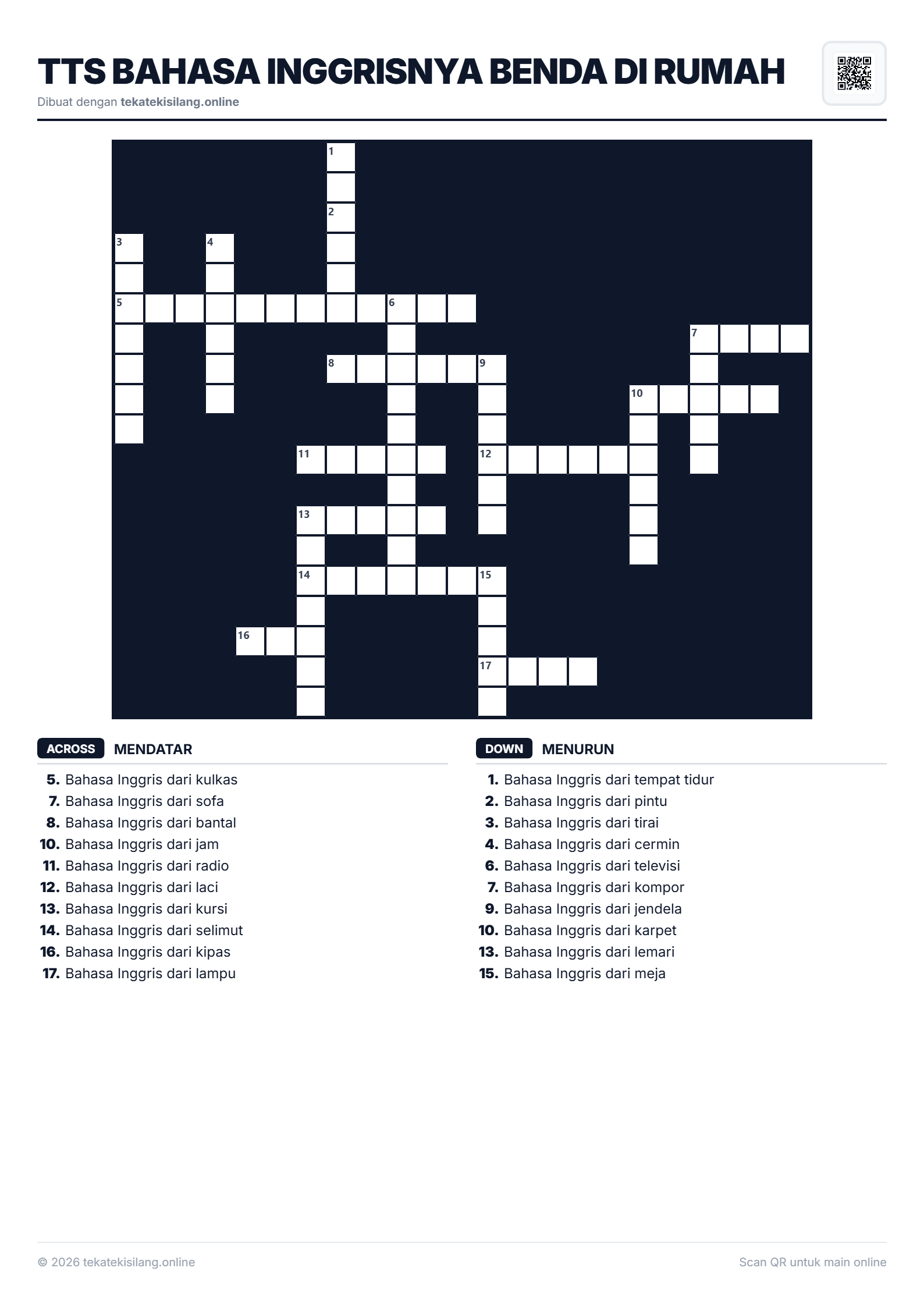 Teka Teki Silang TTS Bahasa Inggrisnya Benda di Rumah