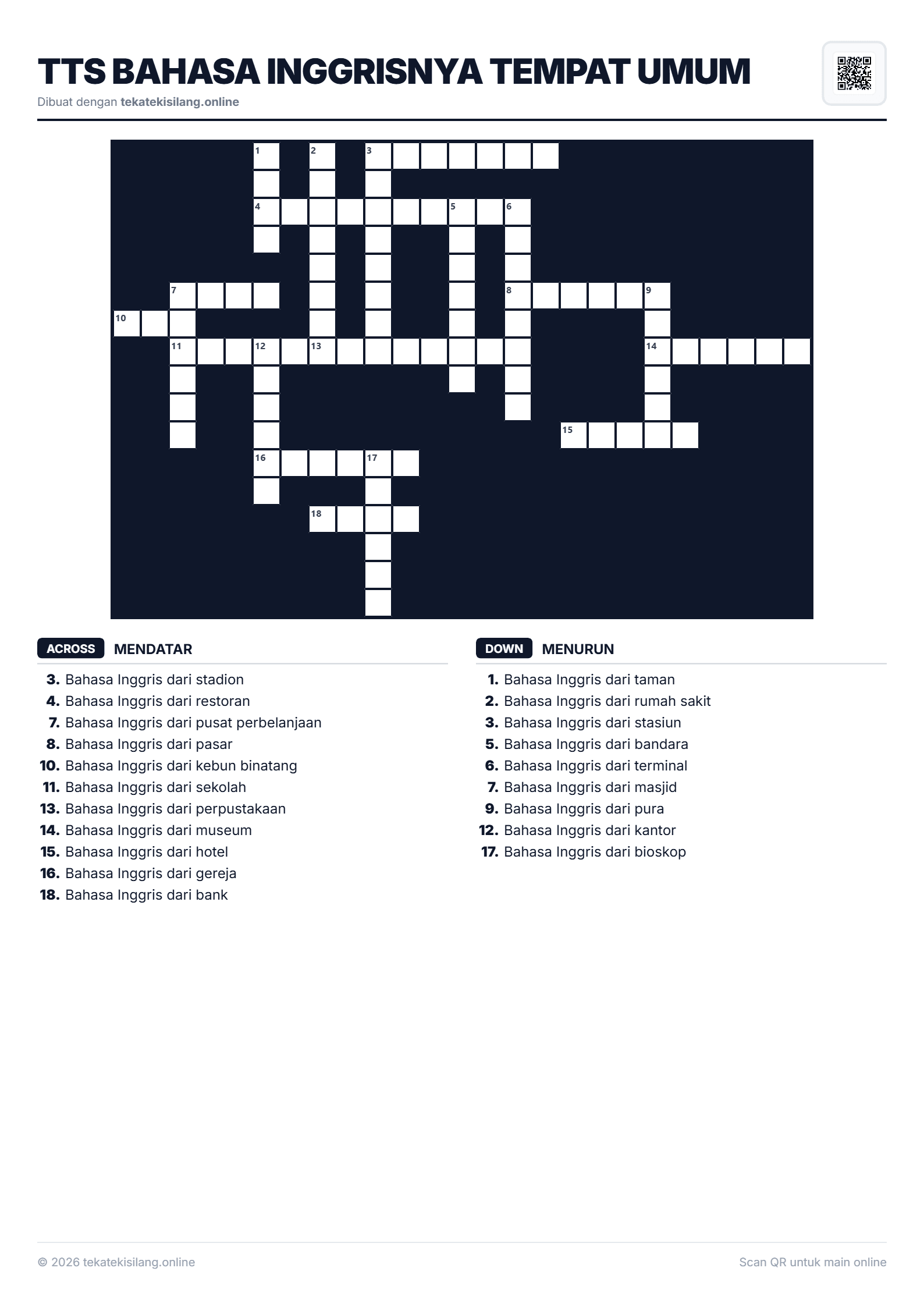 Teka Teki Silang TTS Bahasa Inggrisnya Tempat Umum