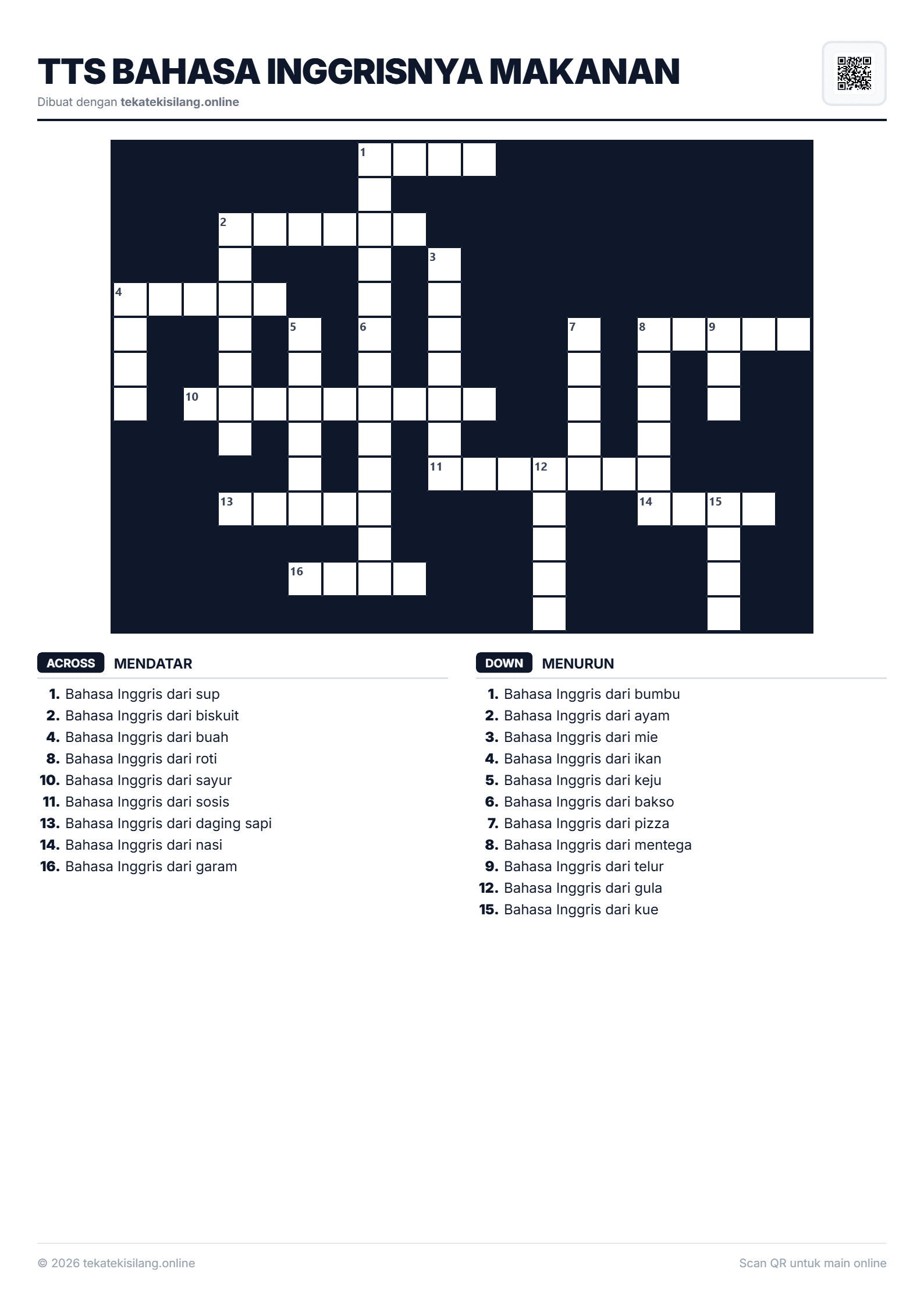 Teka Teki Silang TTS Bahasa Inggrisnya Makanan