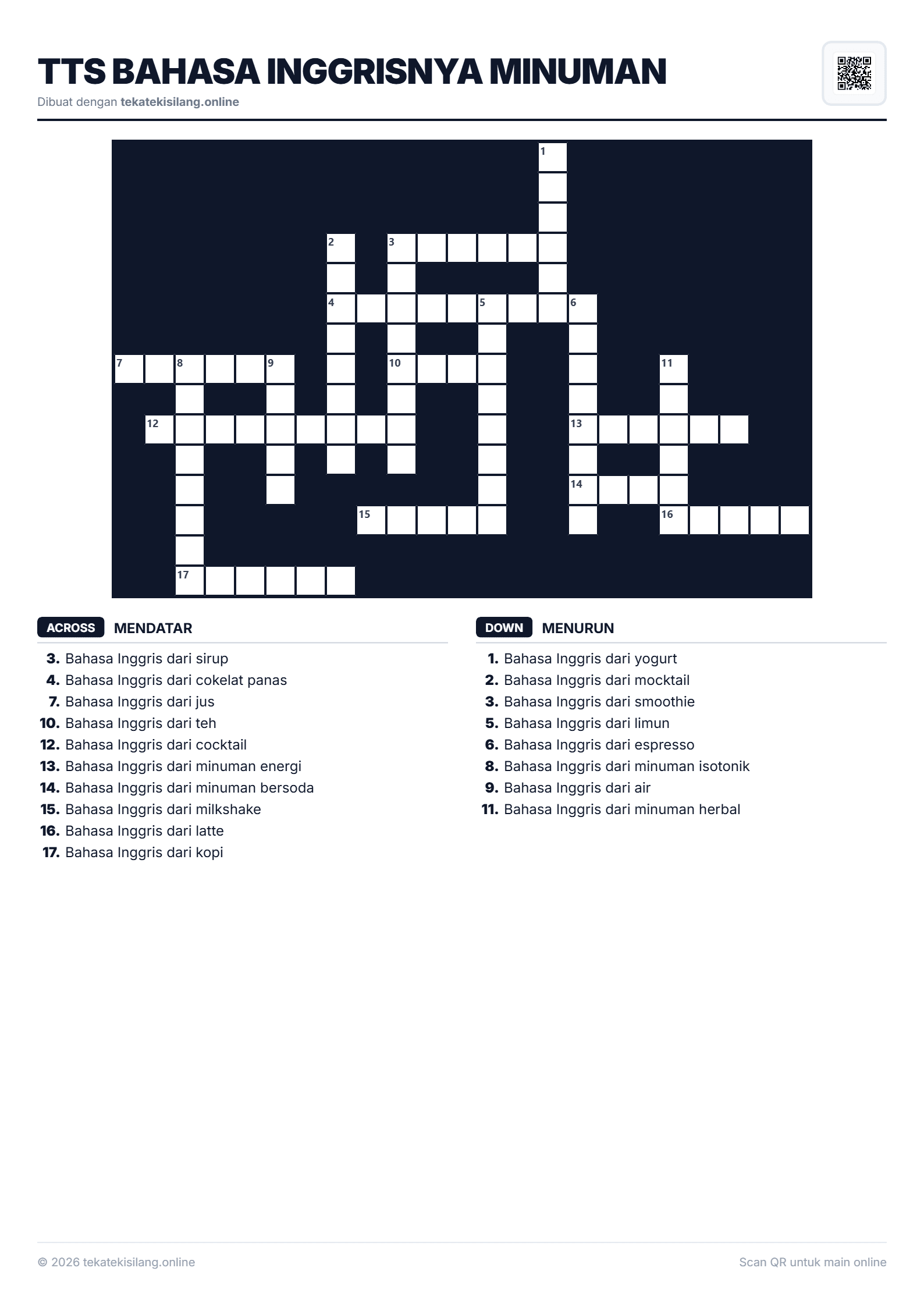 Teka Teki Silang TTS Bahasa Inggrisnya Minuman