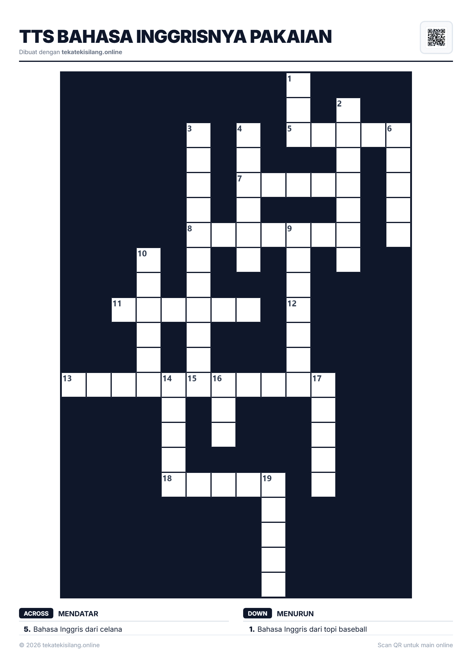 Teka Teki Silang TTS Bahasa Inggrisnya Pakaian