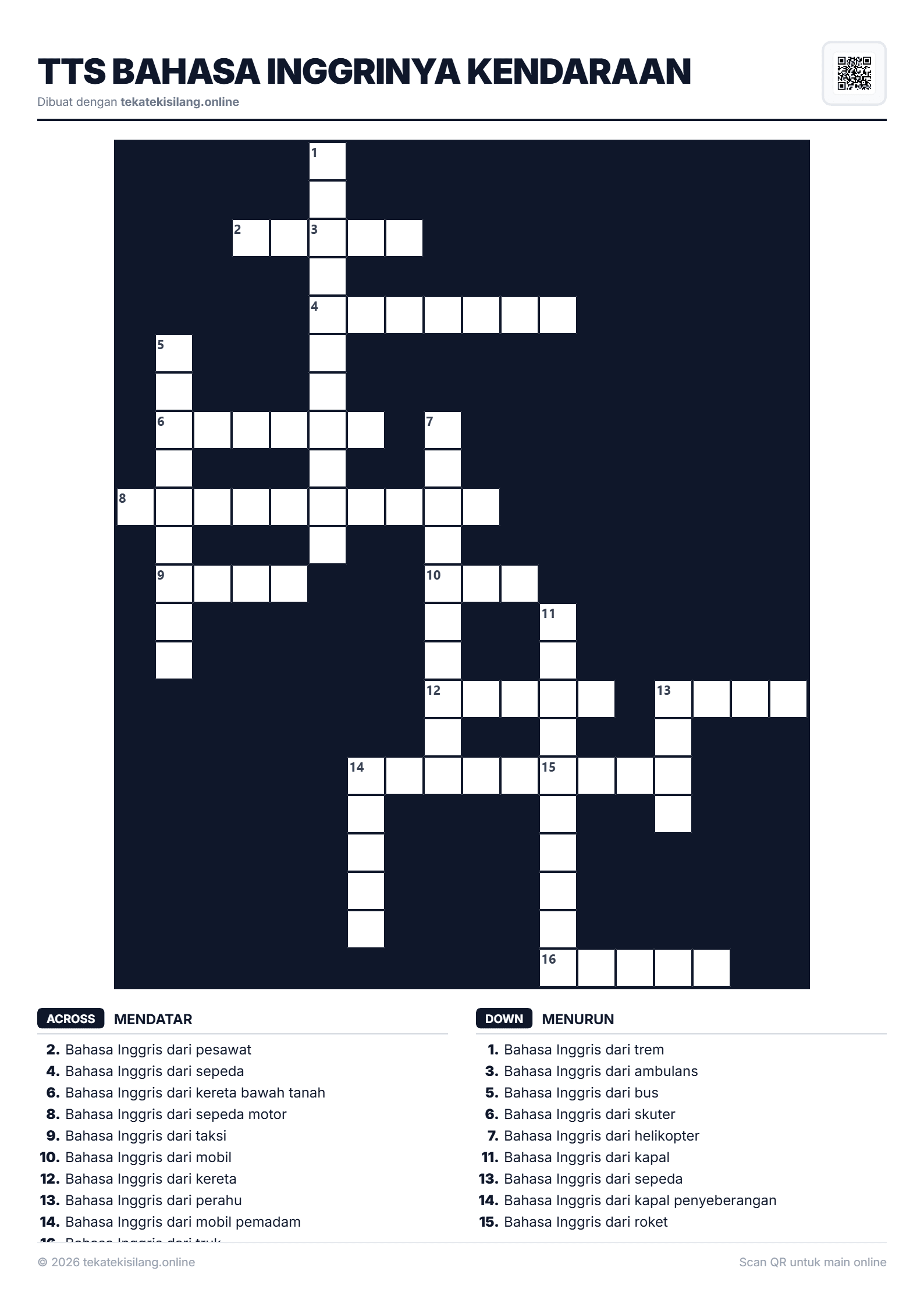 Teka Teki Silang TTS Bahasa Inggrinya Kendaraan
