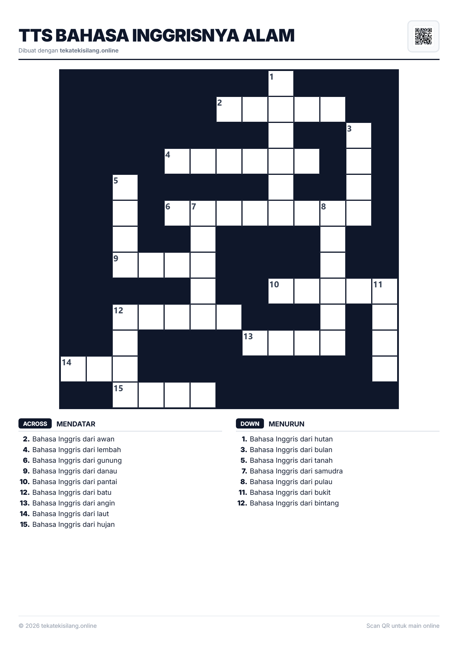 Teka Teki Silang TTS Bahasa Inggrisnya Alam