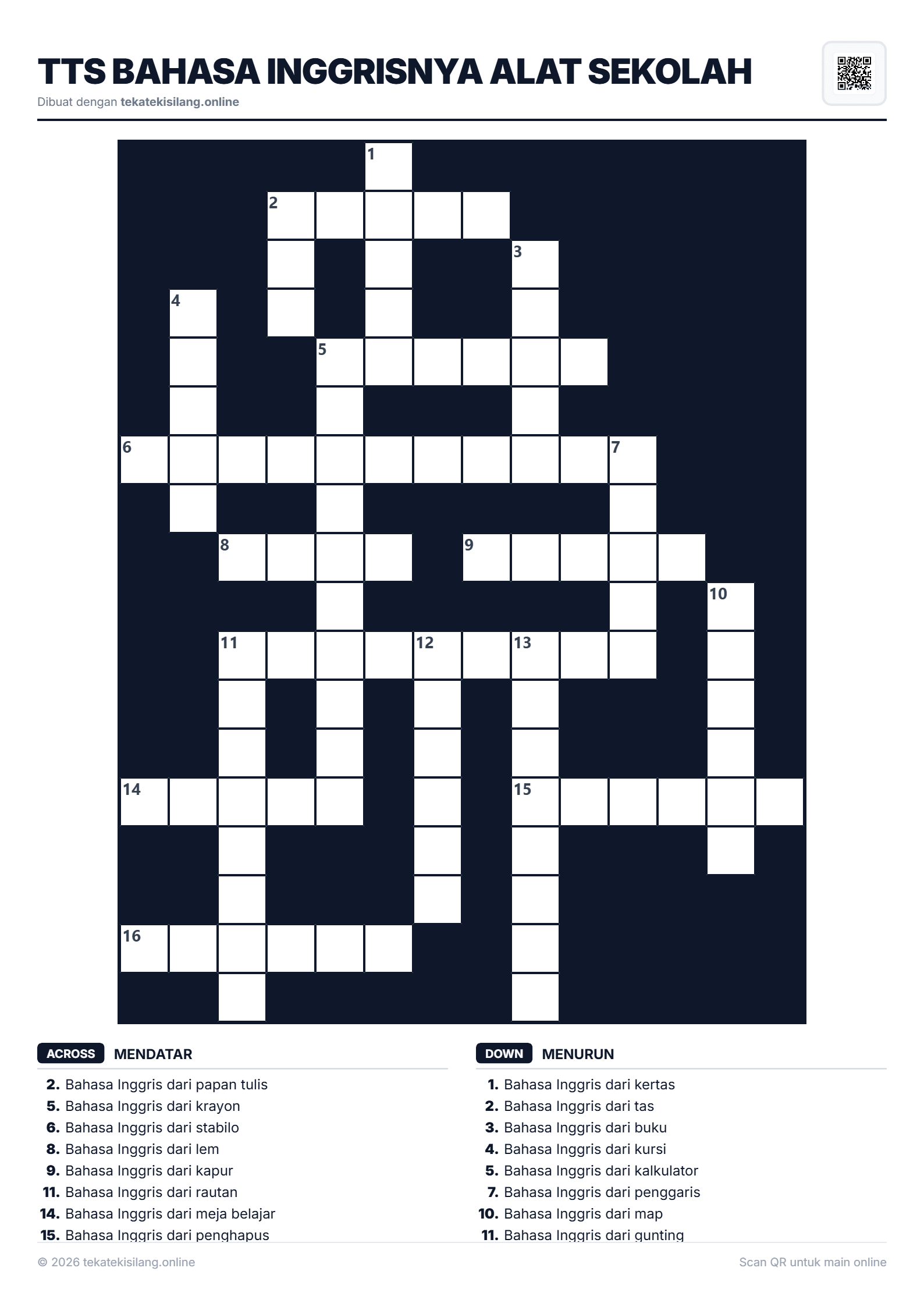 Teka Teki Silang TTS Bahasa Inggrisnya Alat Sekolah
