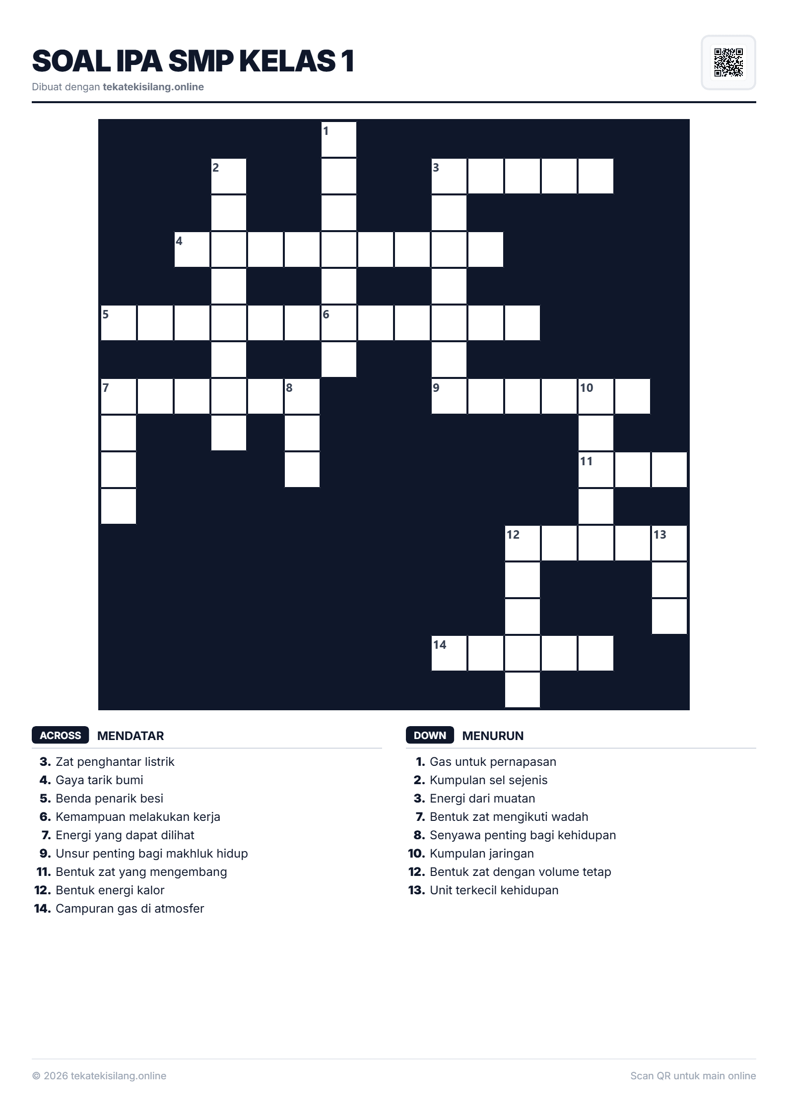 Teka Teki Silang Soal IPA SMP Kelas 1