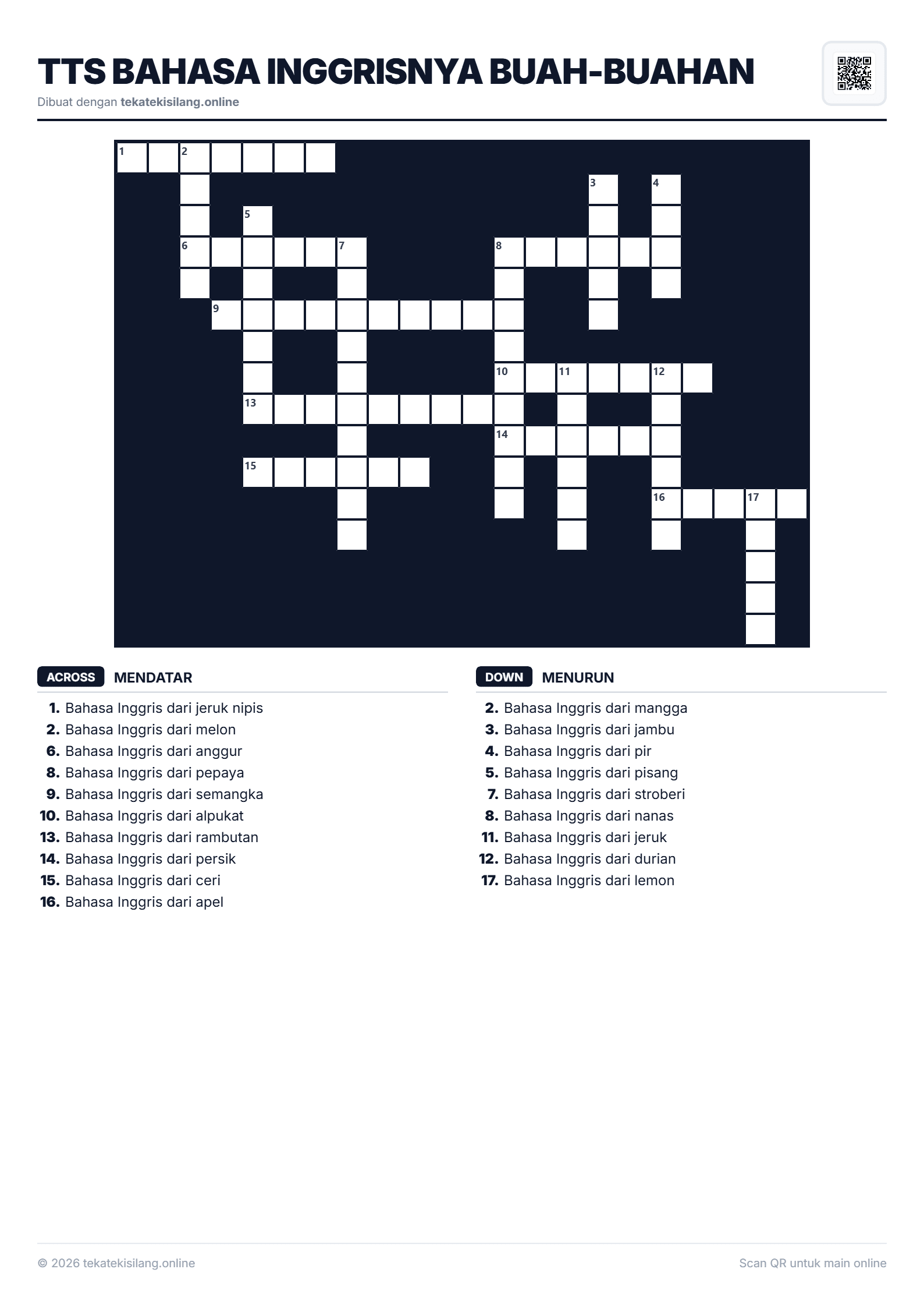 Teka Teki Silang TTS Bahasa Inggrisnya Buah-buahan
