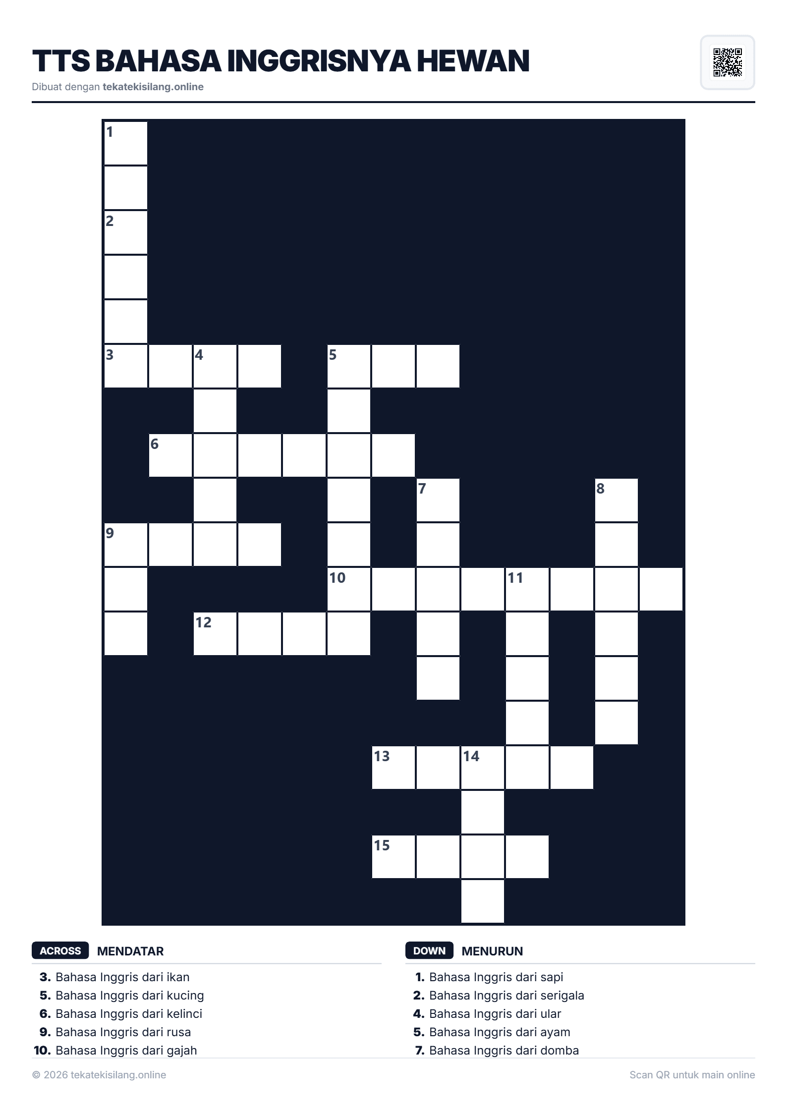 Teka Teki Silang TTS Bahasa Inggrisnya Hewan