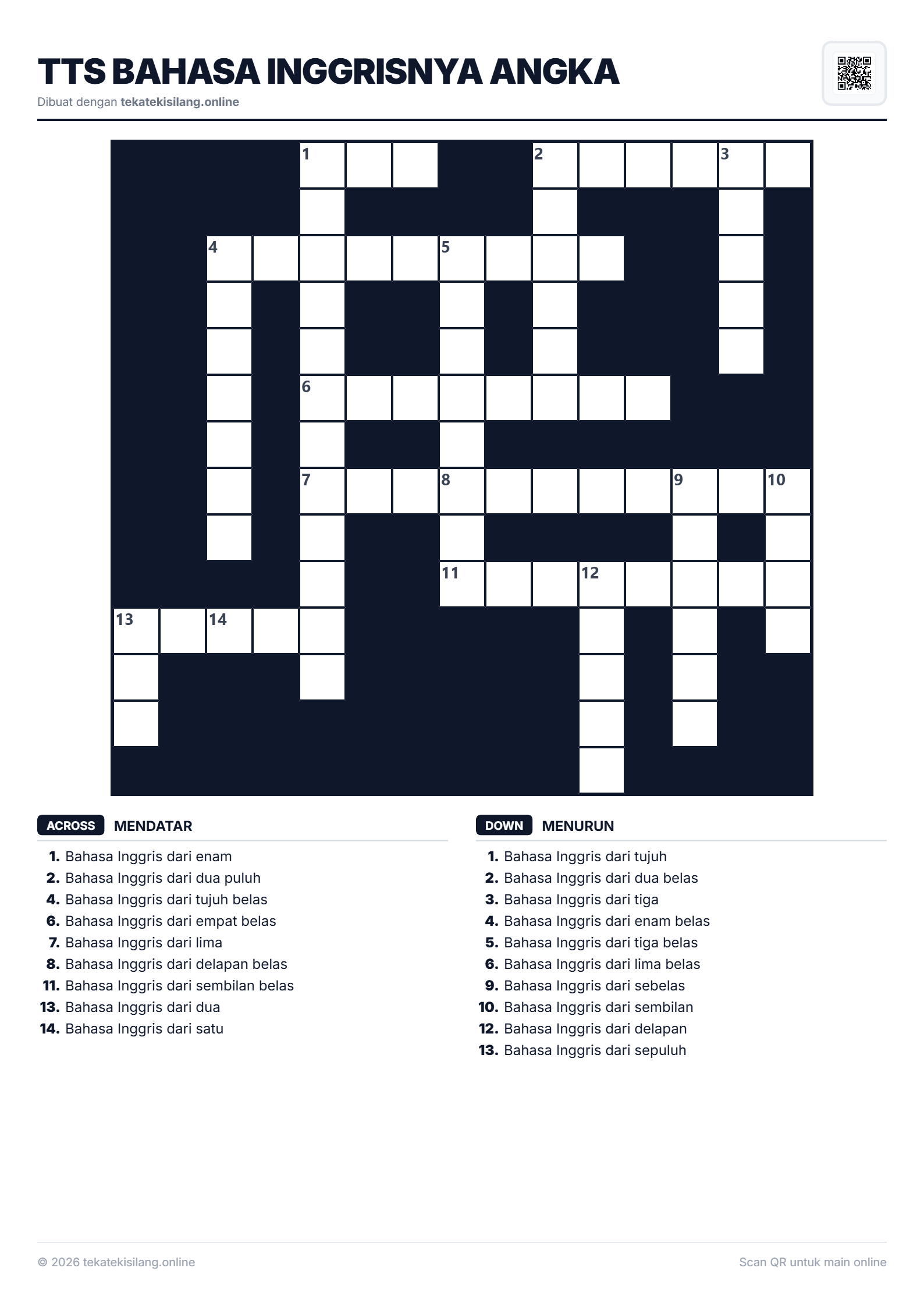 Teka Teki Silang TTS Bahasa Inggrisnya Angka