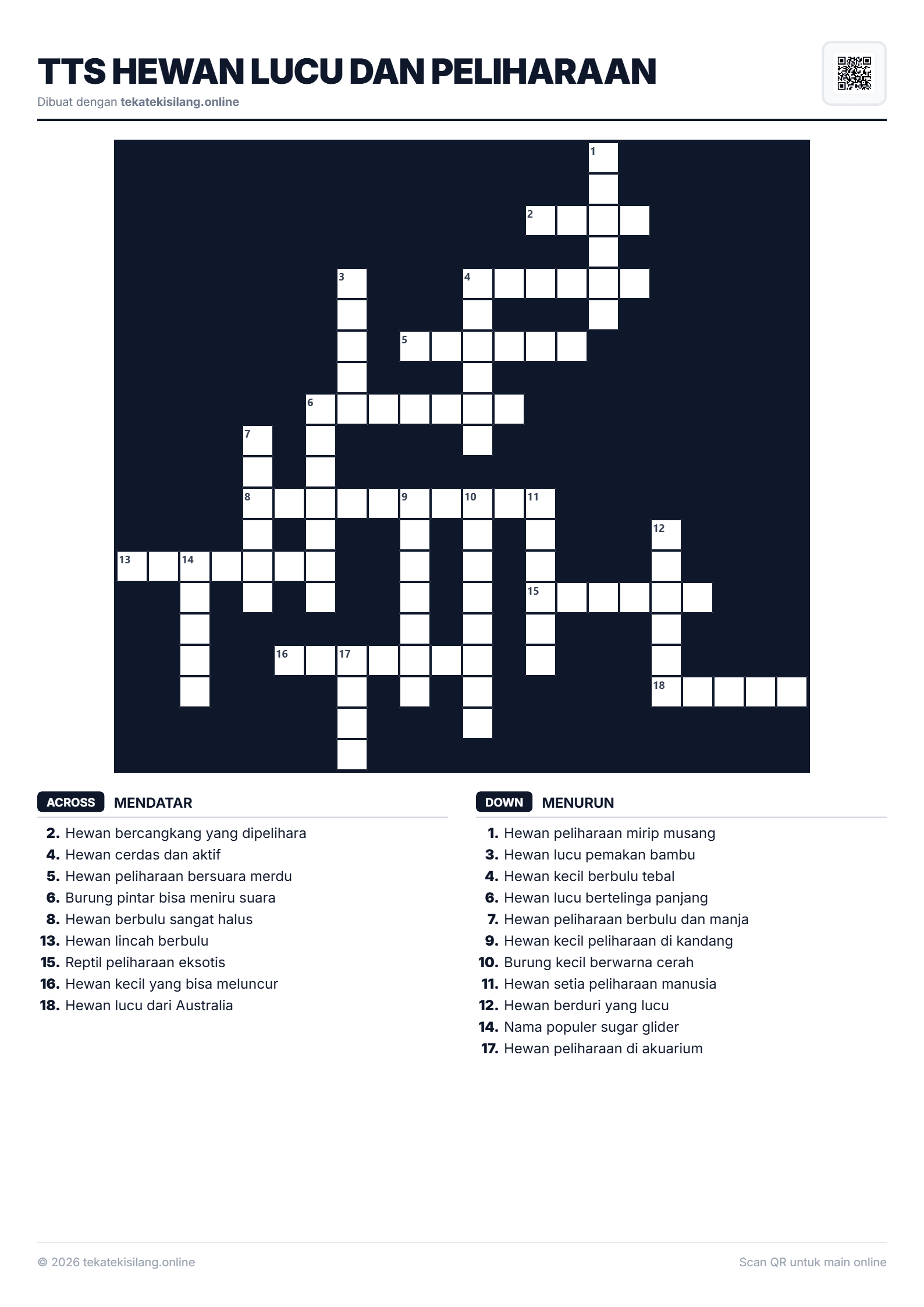 Teka Teki Silang TTS Hewan Lucu dan Peliharaan