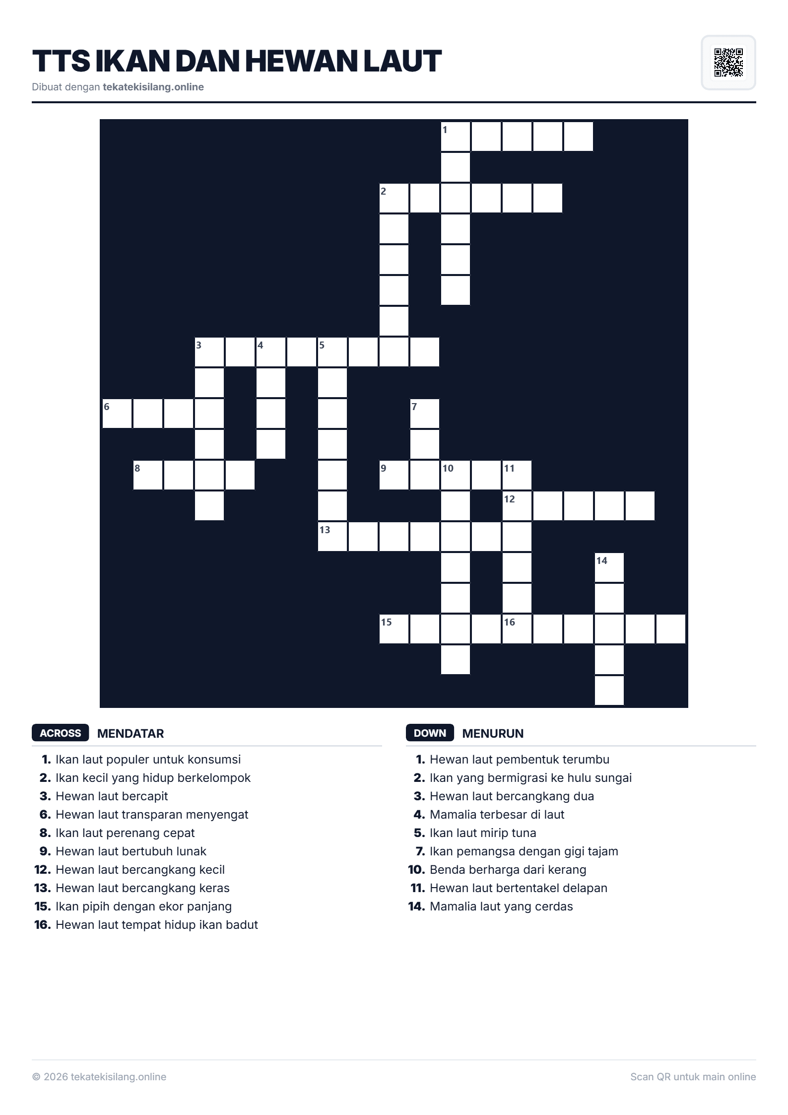 Teka Teki Silang TTS Ikan dan Hewan laut