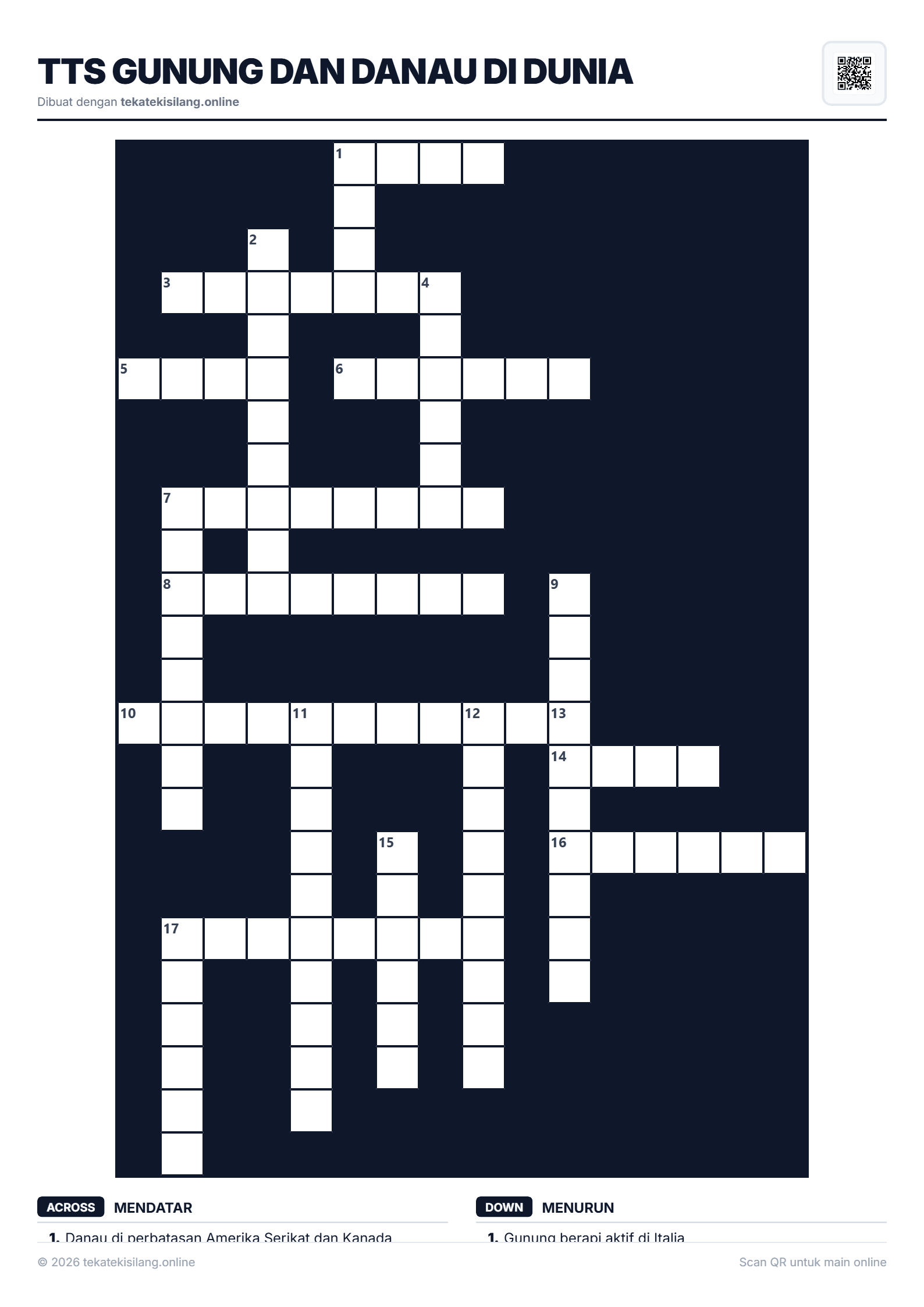 Teka Teki Silang TTS Gunung dan danau di Dunia