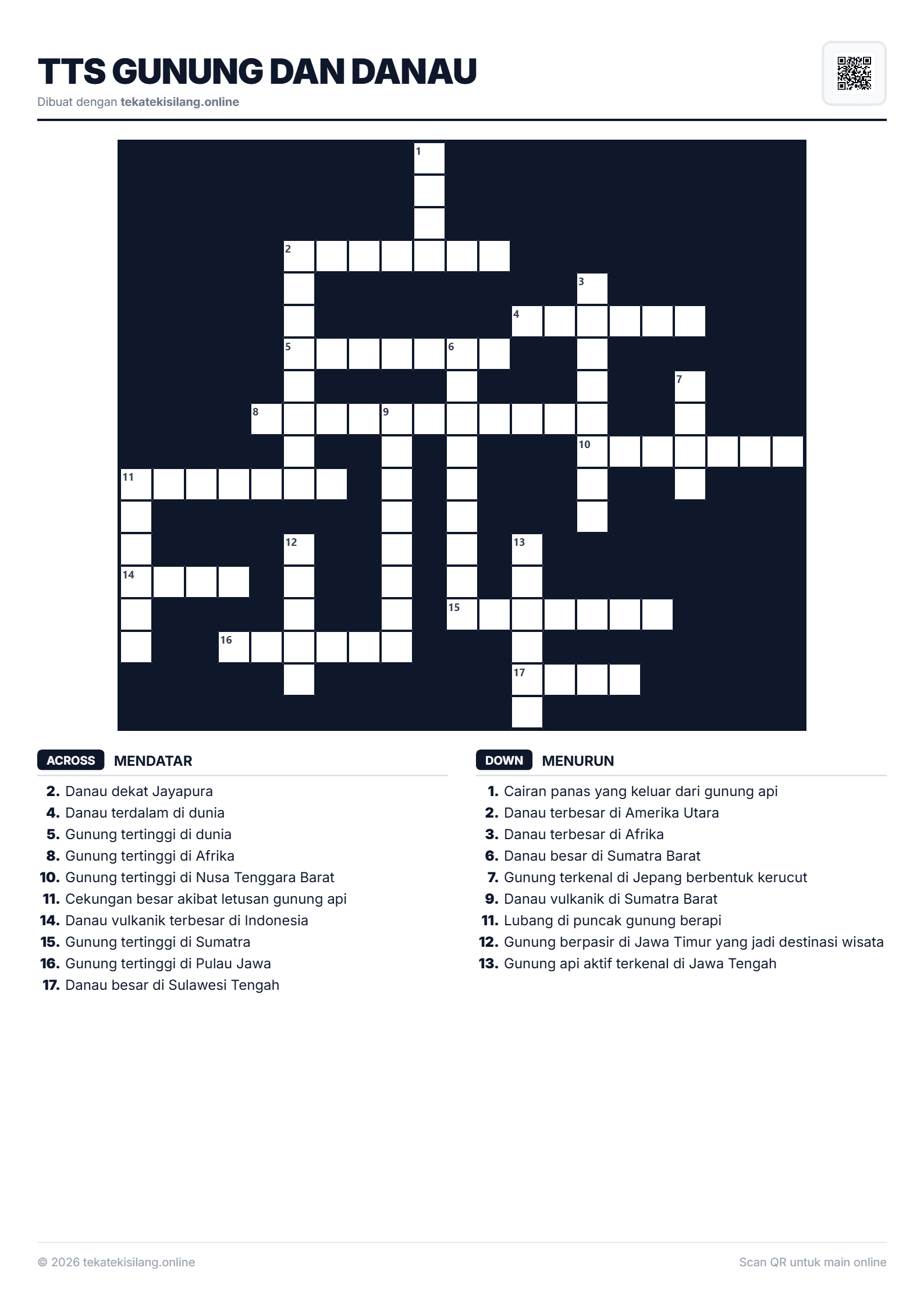 Teka Teki Silang TTS Gunung dan danau